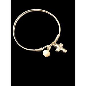 Silver Sliding Hinge Charms Bangle Bracelet  -Faith Cross & Pearl